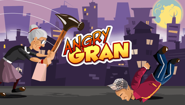 Angry Gran Run: A game character running through a cityscape, avoiding obstacles and collecting coins in this endless runner game.